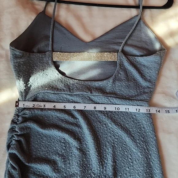 Women's Junior Size, Bodycon Sparkling Blue with Ruched Side Part & Slit Dress - Picture 10 of 11